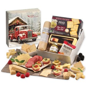 Custom Shelf Stable Snack Lover's Gift Box with Red Truck on Bridge Sleeve with your company logo