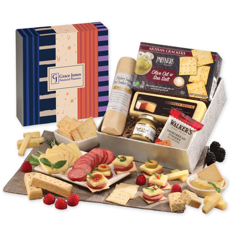 Shelf-Stable-Snack-Lovers-Gift-Box-with-Stripes-Splatter-Sleeve-SLS905SSP Custom Shelf Stable Snack Lover's Gift Box with Stripes & Splatter Sleeve with your company logo